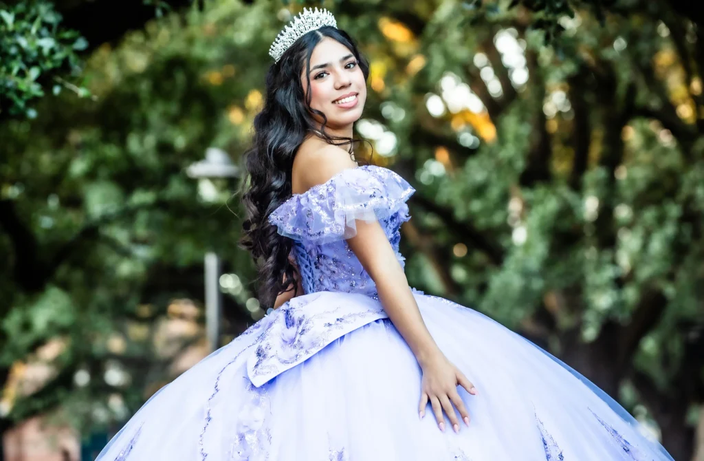 Houston Quinceañera photographer capturing a luxury XV dress and crown portrait